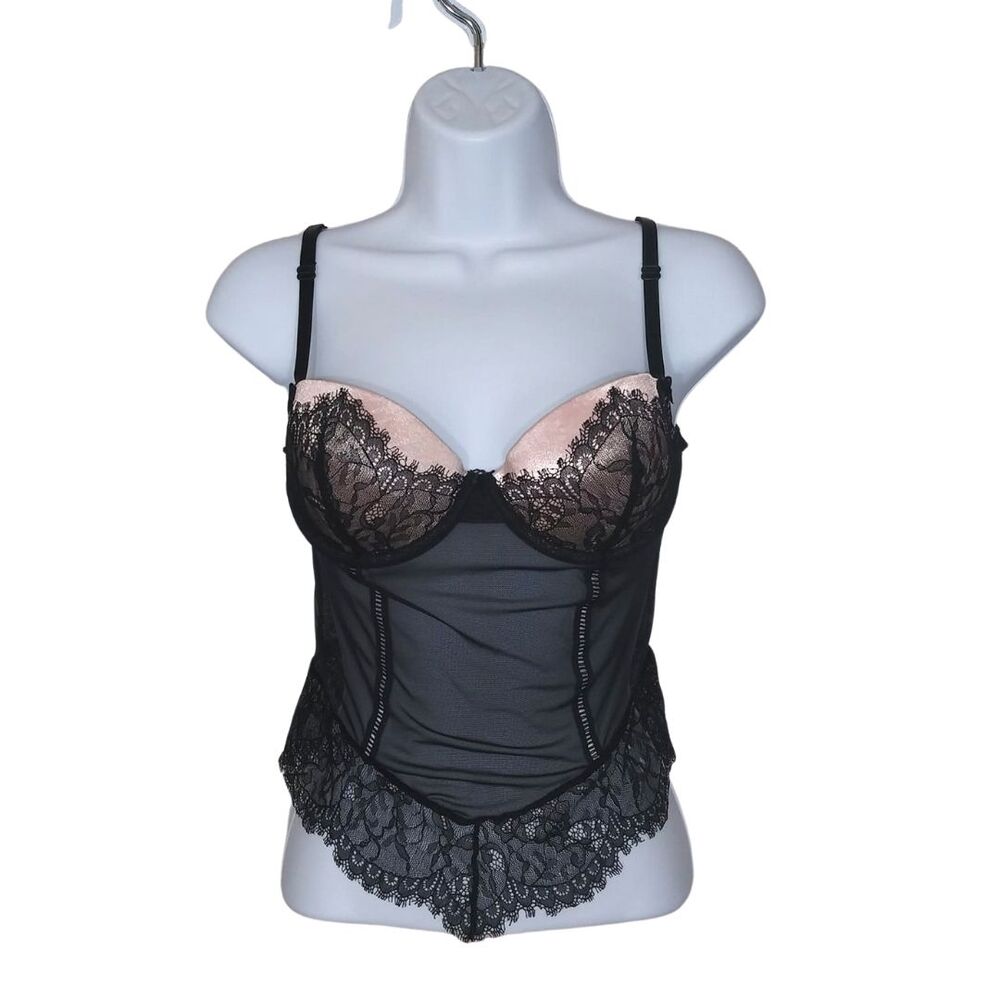 Delicates Black Lace up Back Floral Lace Sheer Corset Y2K Sz Medium Whimsigoth